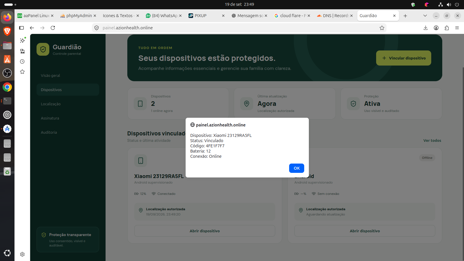 Painel do Guardião exibindo dispositivos vinculados, bateria, conexão e localização autorizada